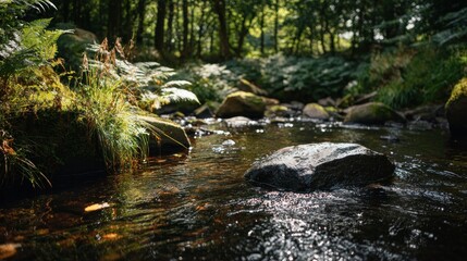 Rocky stream bed in a sunlit forest.