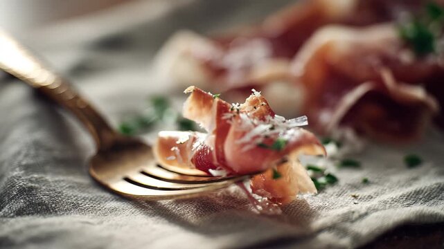 jamon slice on fork, ham