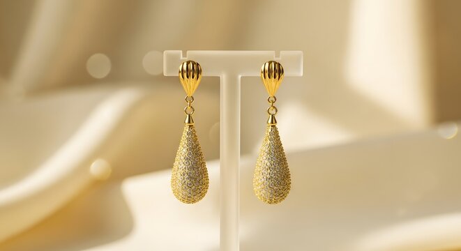Elegant gold earrings with shimmering gemstones displayed on a white stand against a soft, neutral background. Warm lighting enhances the jewelry's sparkle and detail with bokeh effects.