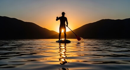 Silhouette of person stand-up paddleboarding on lake at sunset