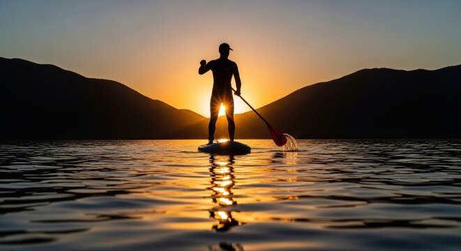 Silhouette of person stand-up paddleboarding on lake at sunset