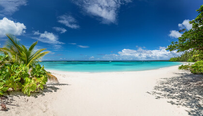 tropical beach bliss a serene vista of a tropical beach with pristine white sand turquoise waters and lush vegetation under a bright blue sky with scattered clouds