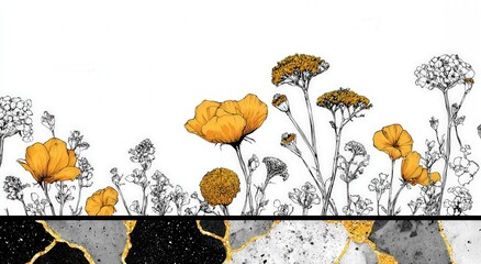 simple drawing of boho kintsugi wildflowers, isolated white background 