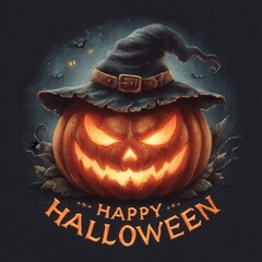 scary jack-o-lantern wearing a witches hat in a circle, it says "Happy Halloween" 