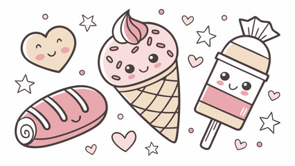 Adorable cartoon illustrations of a heart, ice cream cone, pastry roll, and popsicle, with stars.