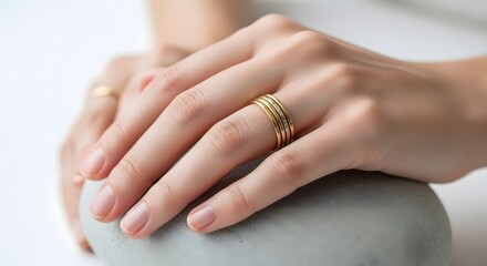 Fototapeta premium Close up of female hands with jewelry on a stone with a white background showing detail of the skin and texture