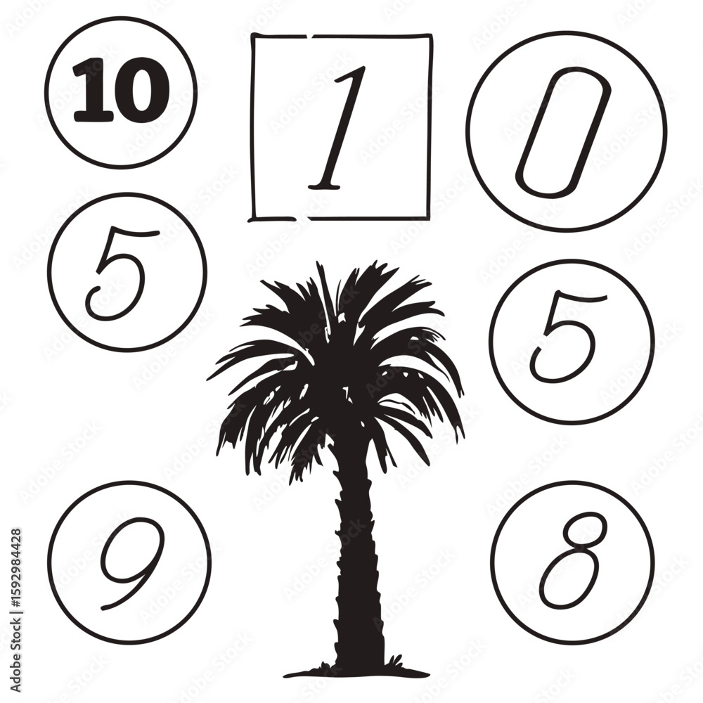 Poster palm tree silhouette surrounded by numbers in circles and square on transparent background palm tree