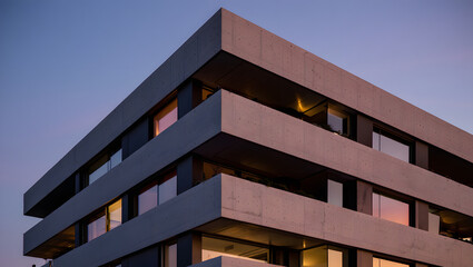 Modern Concrete Apartment Building at Dusk: Architectural Detail, Warm Lighting, Serene Evening Mood