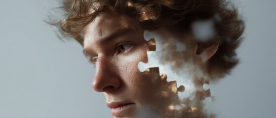 Double exposure portrait of a young man with fragmented puzzle pieces symbolizing complexity and introspection