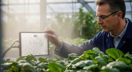 Caucasian male adult botanist analyzing moisture levels in greenhouse