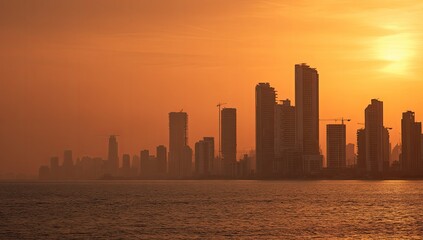 City skyline at sunset