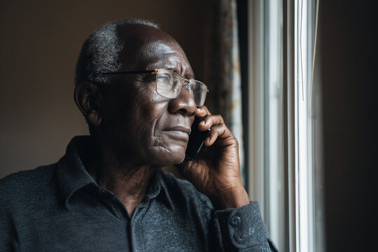 Vulnerable senior black man talking on the phone to a scammer. AI fraud phone scam. Vulnerable lonely elderly African pensioner using mobile. Artificial intelligence scamming. Bank fraud	