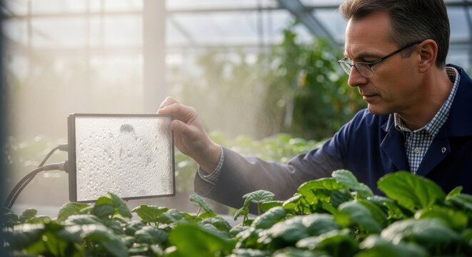 Caucasian male adult botanist analyzing moisture levels in greenhouse