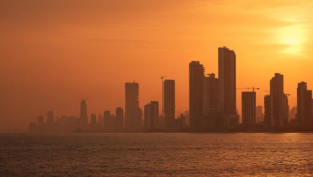 City skyline at sunset