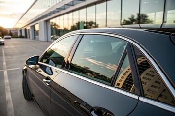 Obraz premium Modern Sedan Parked Near Glass Building at Sunset