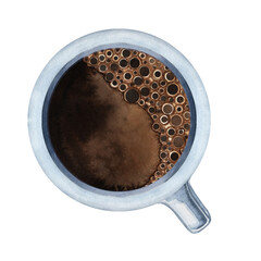 Cup of black coffee top view. Watercolor illustration of espresso or americano with foam....
