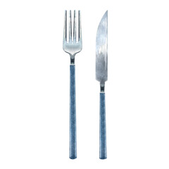 Fork and knife set with dark blue handle. Watercolor illustration of cutlery. Silverware elements hand-painted and isolated on white background for menu, cafe, kitchen decor