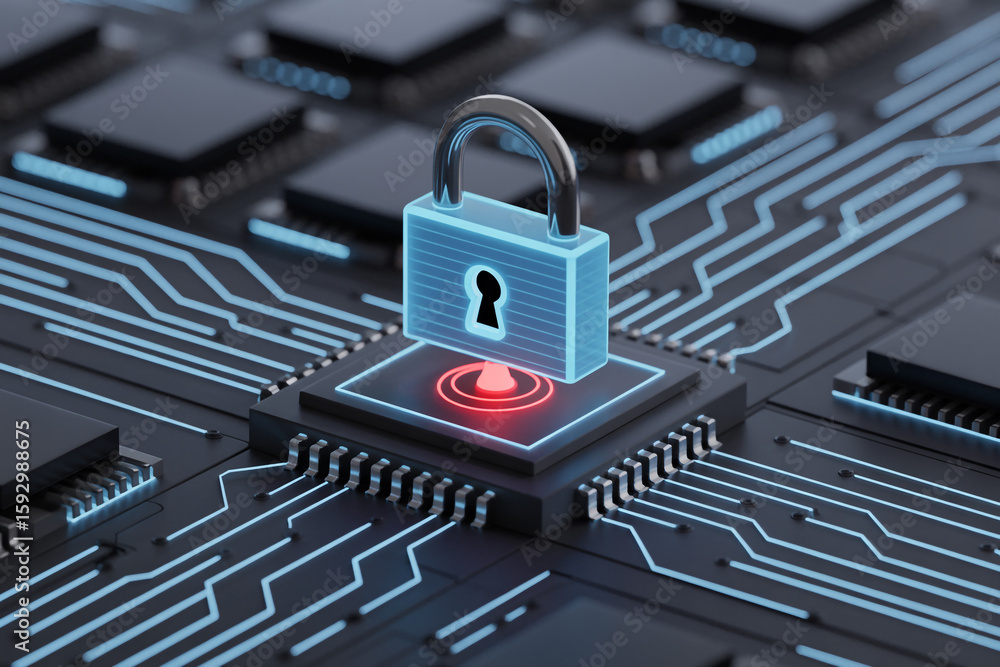 Aufkleber digital padlock securing a central computer chip on a glowing blue circuit board representing data s