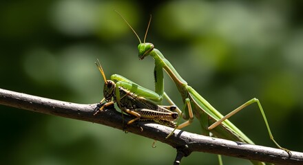 Fototapeta premium Praying Mantis Captures Grasshopper on a Branch in a Predatory Encounter