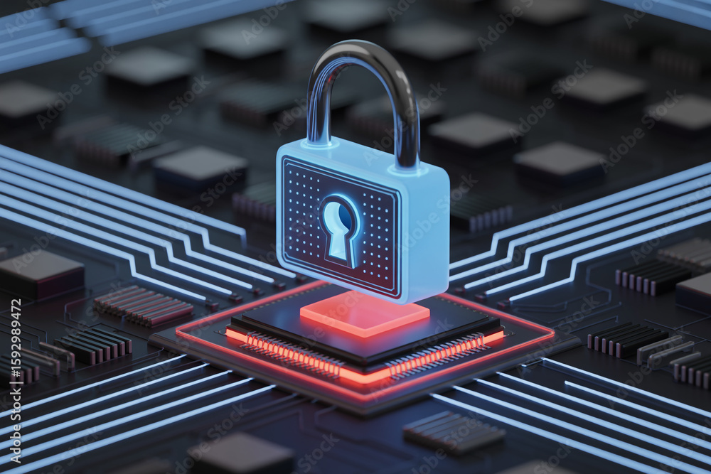 Aufkleber digital padlock with fingerprint symbol glows blue on a glowing red processor chip circuit board