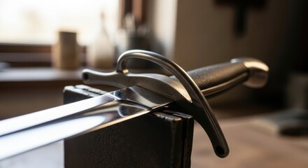 Close-up of a medieval sword hilt resting on a blacksmith's anvil in workshop setting