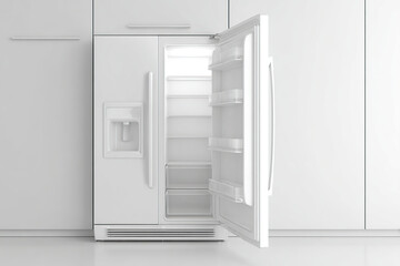 Minimalist kitchen with open refrigerator revealing empty interior and clean design elements