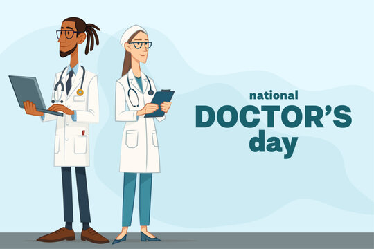 Two professional doctors standing together with stethoscopes celebrating National Doctor's Day