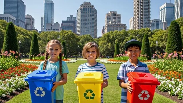 Three happy children holding colorful recycling bins in a vibrant city park, symbolizing environmental education and sustainable living.