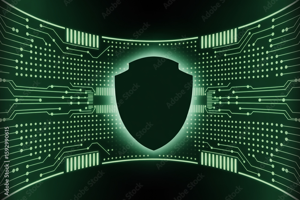 Aufkleber digital shield symbol protecting data on a futuristic circuit board with glowing green binary code