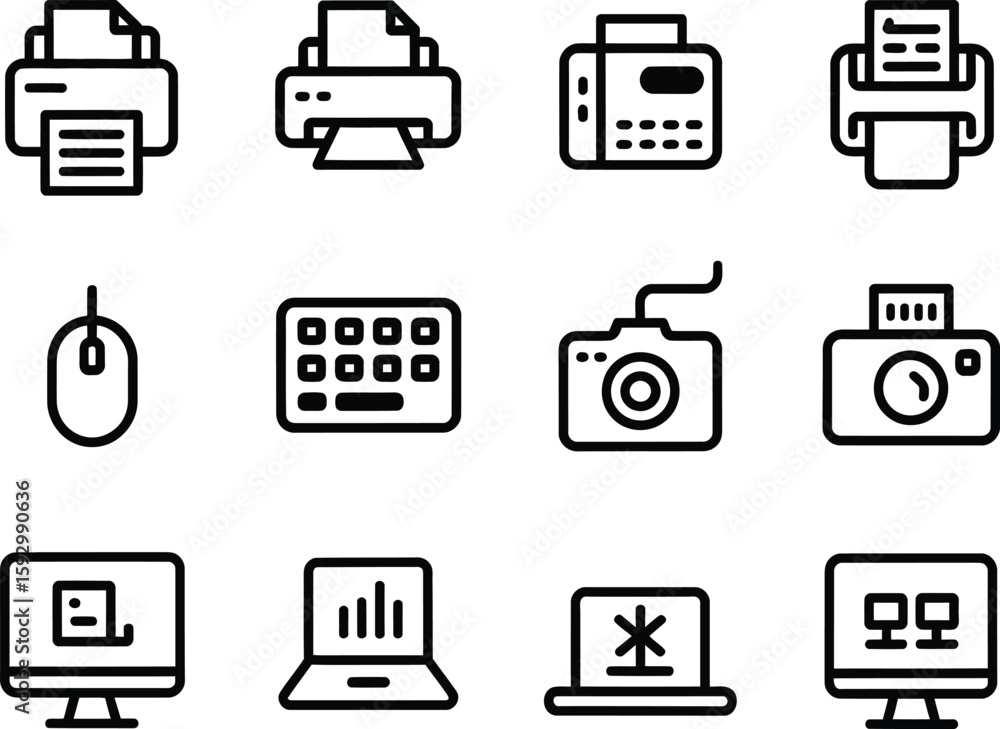 Fototapete Collection of simple line art icons for computer peripherals and devices