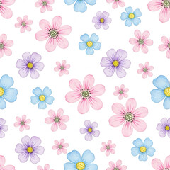 Pastel Floral Pattern
A seamless pattern of stylized flowers in soft pastel pink, blue, and light purple, varying in size and petal design, is displayed on a white background.
