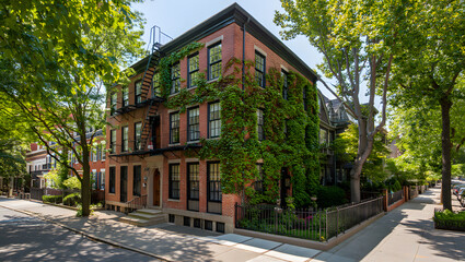 Naklejka premium Ivy-covered brick townhouse, charming urban street scene, summer sunlight, idyllic neighborhood, residential architecture.