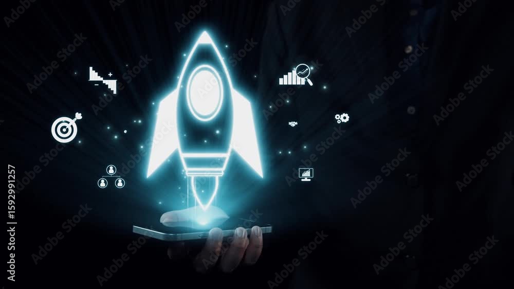 Aufkleber a digital concept showing a glowing rocket launching from a smartphone, symbolizing innovation and g