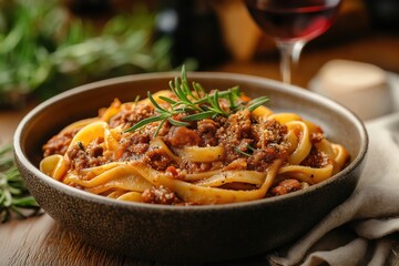 Hearty duck ragu coats thick bigoli pasta on countryside kitchen table
