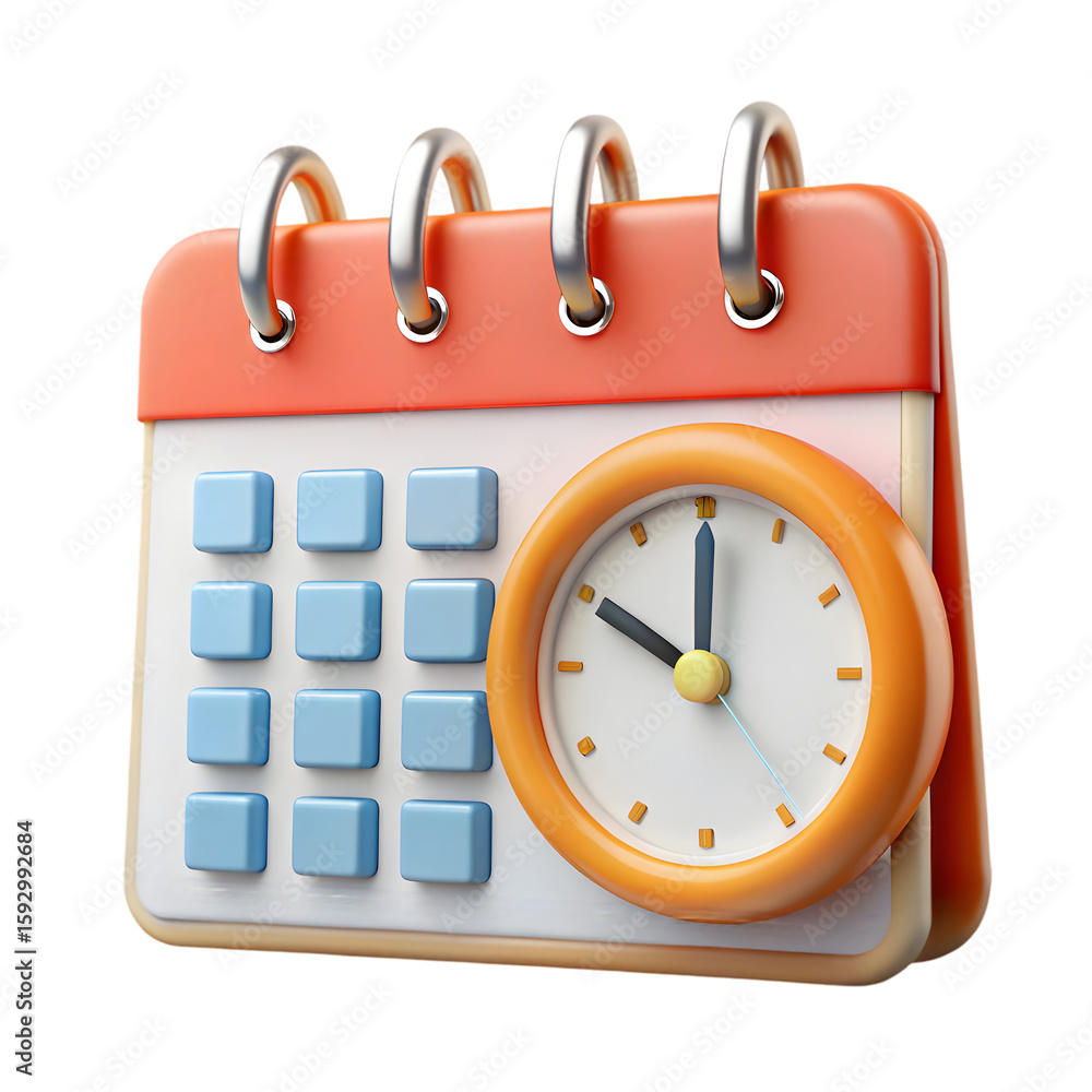 Poster calendar date with time clock front view 3d illustration rendering icon transparent background