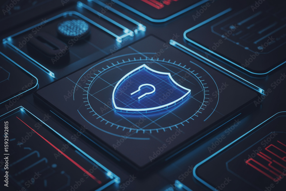 Poster futuristic digital shield with a glowing keyhole symbolizing cybersecurity and data protection