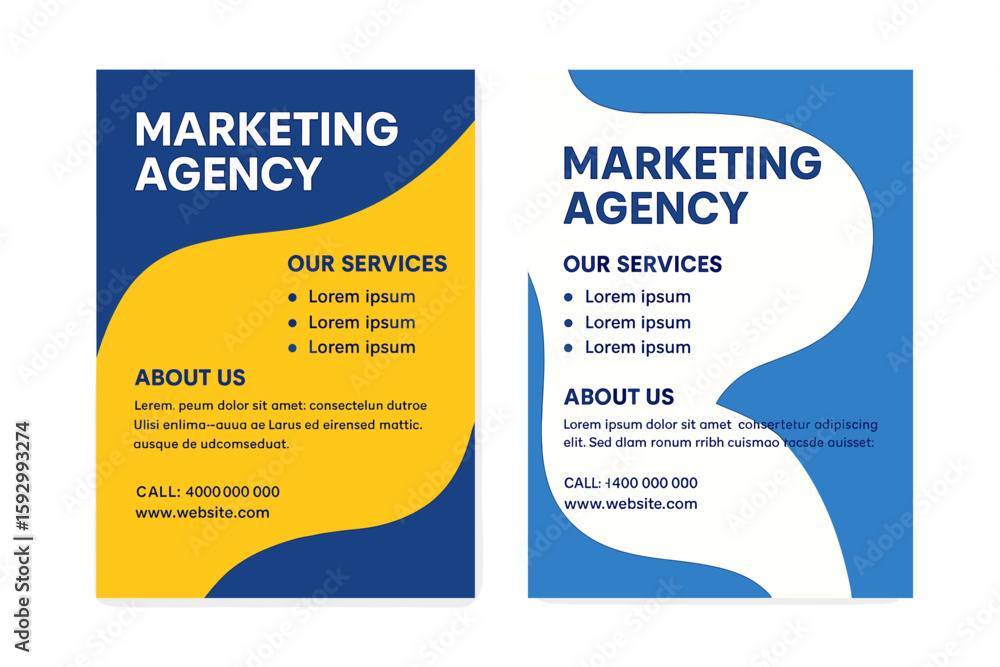 Poster this set is comprised of a dark blue and yellow modern flyer background design, complete with a temp