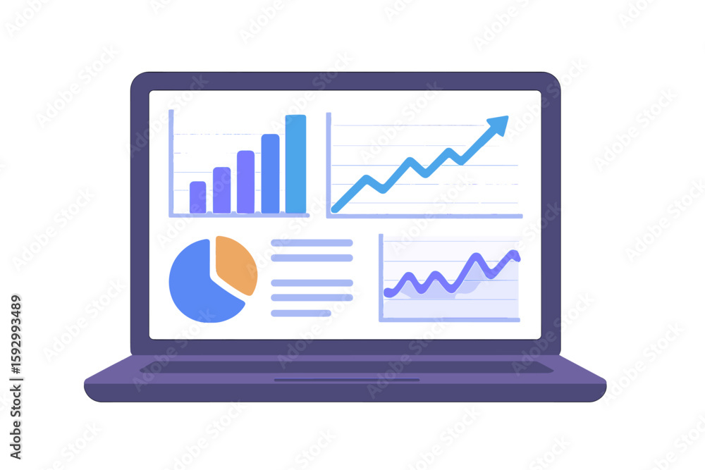 Poster a laptop displaying the dashboard application, which features business analytics data, charts, and g