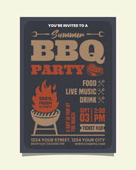 Orange, Brown and Black Illustrative Summer BBQ Party Vertical Poster or Flyer Invitation Template