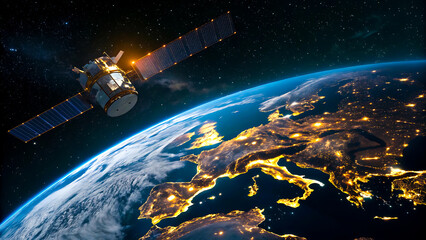 Modern satellite orbiting earth at night showing illuminated continents and city lights