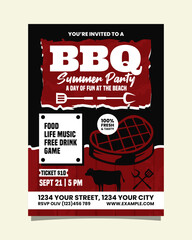 Red and Black Illustrative Summer BBQ Party Vertical Poster or Flyer Invitation Template