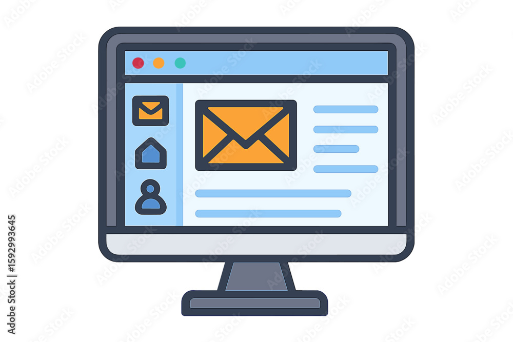 Poster email client software displayed on a computer screen as a flat icon represents a business concept in