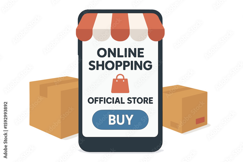 Aufkleber online shopping through a website or mobile app is represented by a vector concept that highlights m