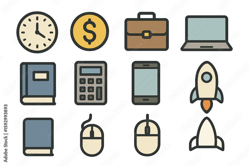 Poster business management icons are depicted in a thin line style as vector web symbols