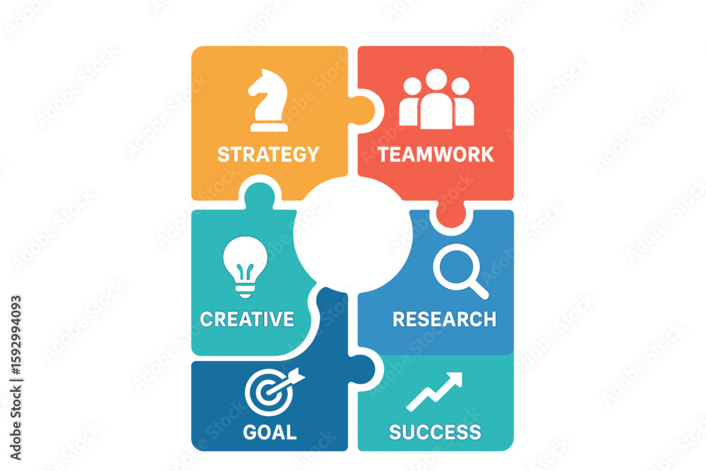Poster a 6-step business planning infographic template featuring a multi-colored hexagon with a white icon 