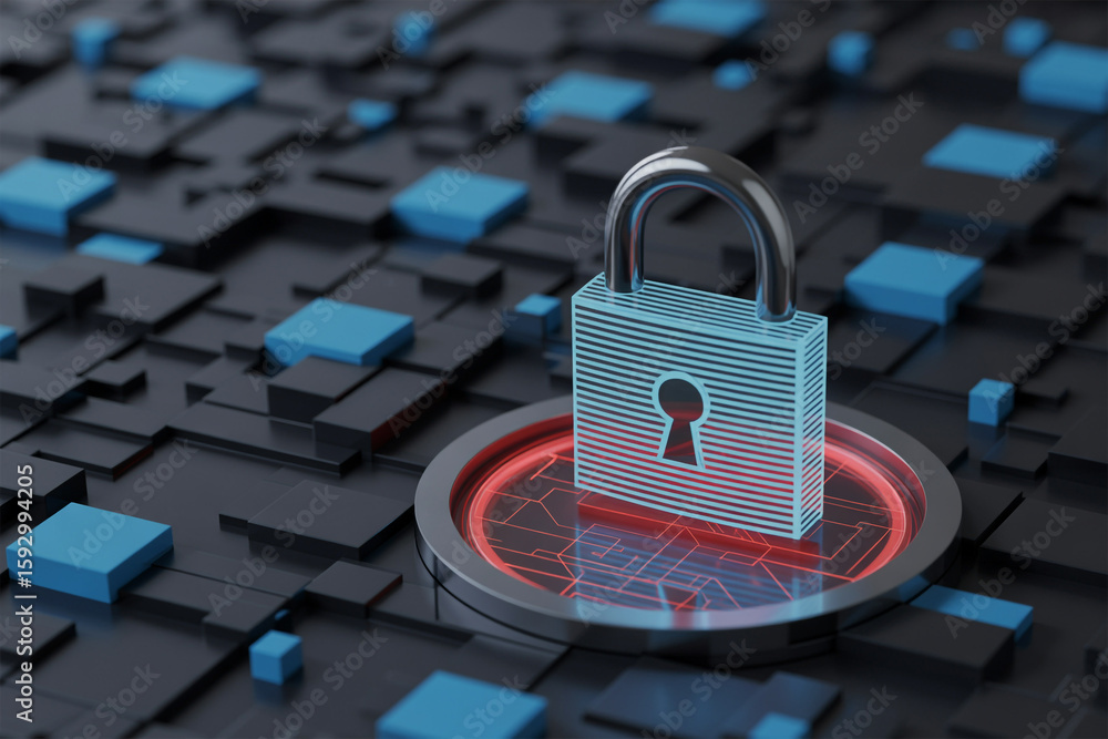 Aufkleber digital padlock secured on a glowing platform representing cyber security and data protection