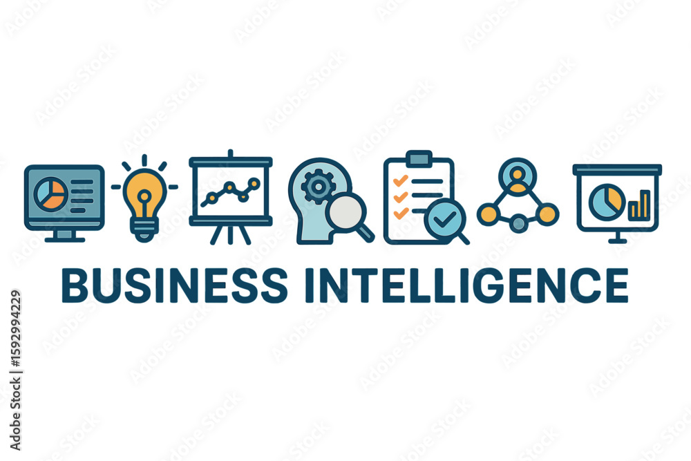 Poster a set of business intelligence vector line icons is available, featuring linear outline icons for da