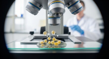 Scientist analyzing microbial sample under microscope in laboratory setting