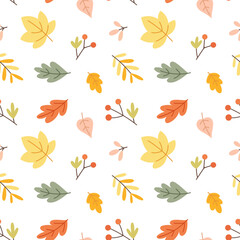 Seamless autumn pattern with colorful fall leaves and berries.