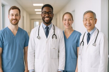 Medical professionals in hospital corridor